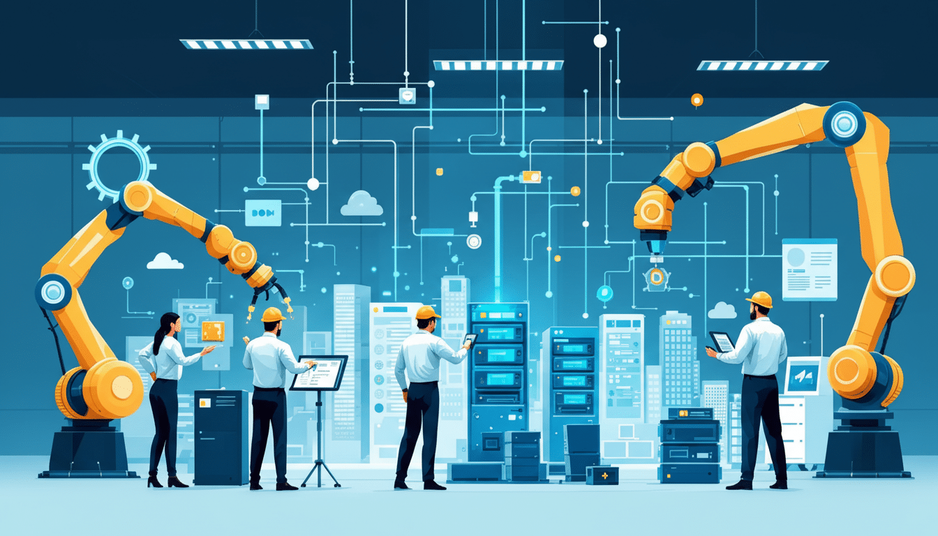 An image showing a team of engineers working in a modern facility with robotic arms and various interconnected digital systems. Filename : engineering teamdigital systems .png