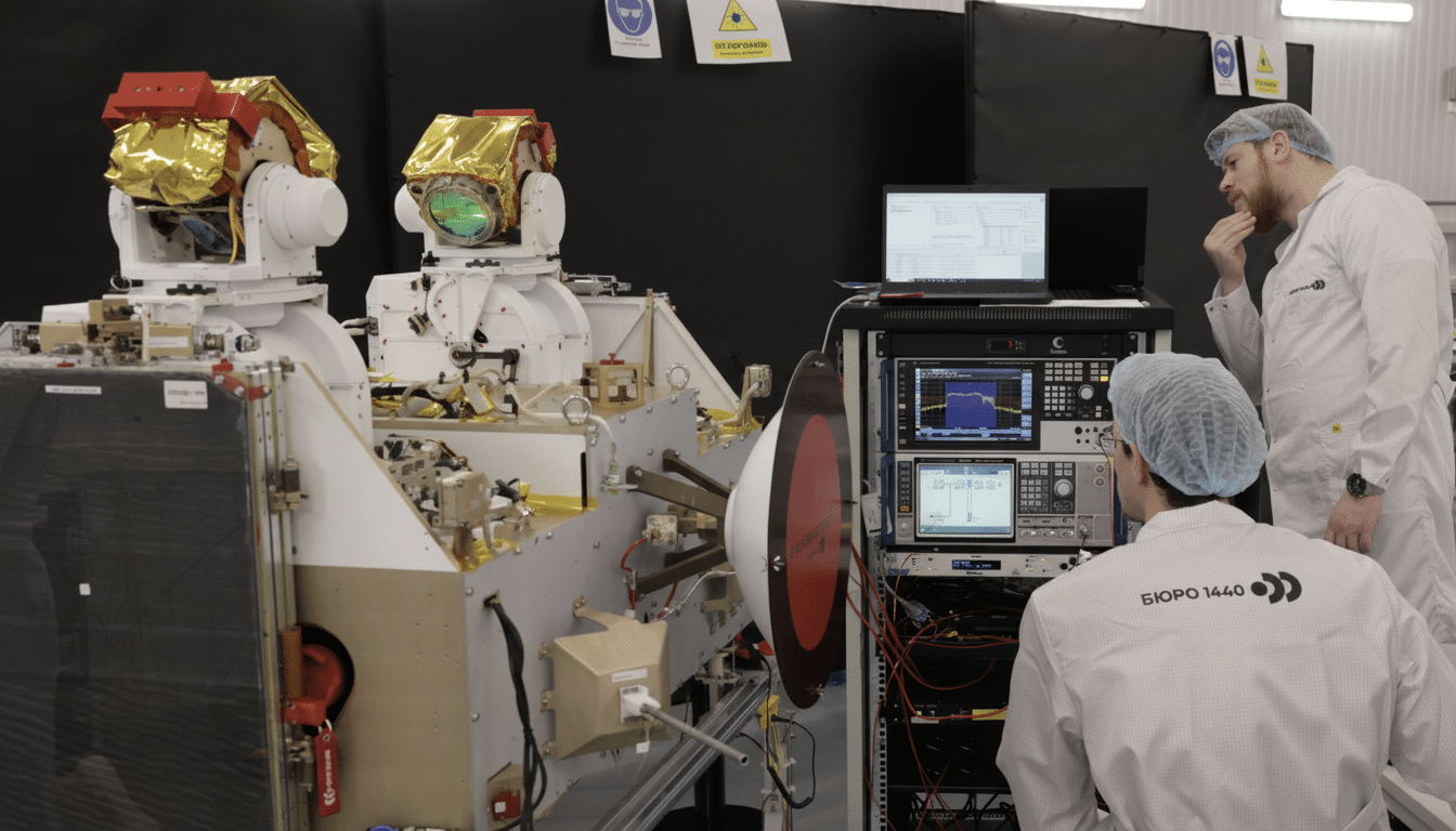 Two engineers in clean room suits work with satellite equipment in a laboratory.