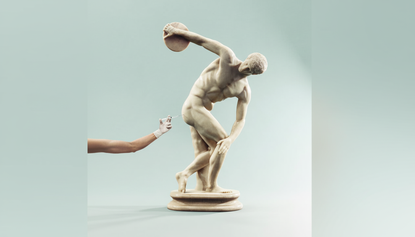 A classical statue of a discus thrower receiving an injection in the buttocks from a gloved hand, set against a light blue background.
