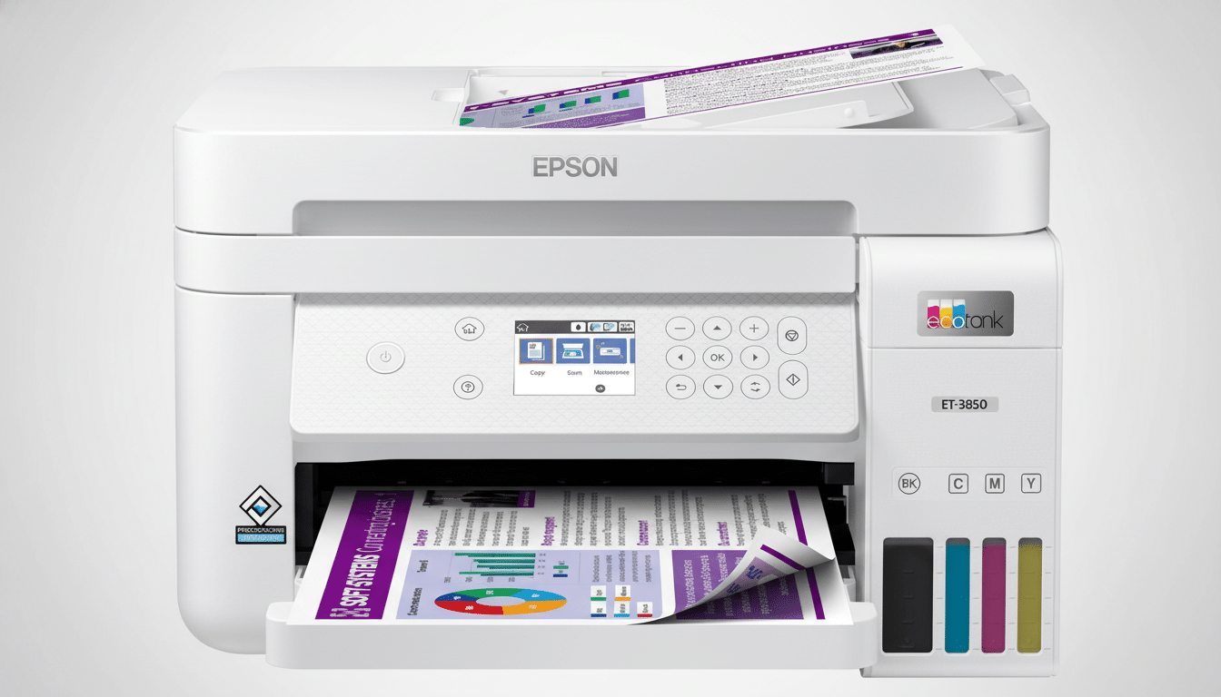 A white Epson Eco Tank ET-3 850 printer with documents in the paper tray and feeder , shown in a 16:9 aspect ratio on a light gradient background. Filename : epson ec otanket -385 0printer 16x 9.png