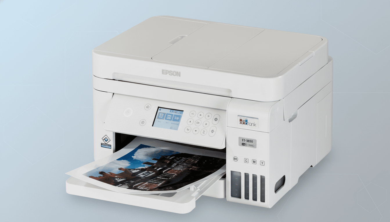 A white Epson ET-3 850 Eco Tank printer with a photo of a building printing, set against a professional light blue gradient background. Filename : epson et- 3850 ec otankprinter .png