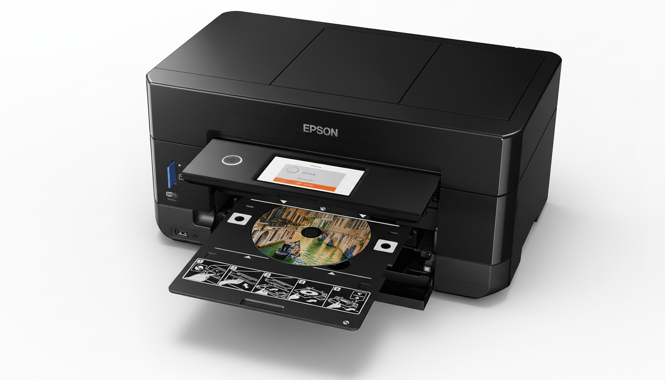 An Epson printer with a disk tray extended , holding a printed CD/DVD with a vibrant image of Venice canals .