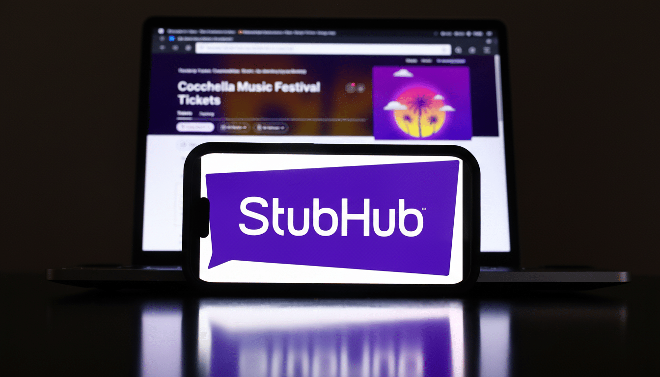 The Stub Hub logo is displayed on a smartphone screen, centered in front of a laptop showing the Coachella Music Festival website .