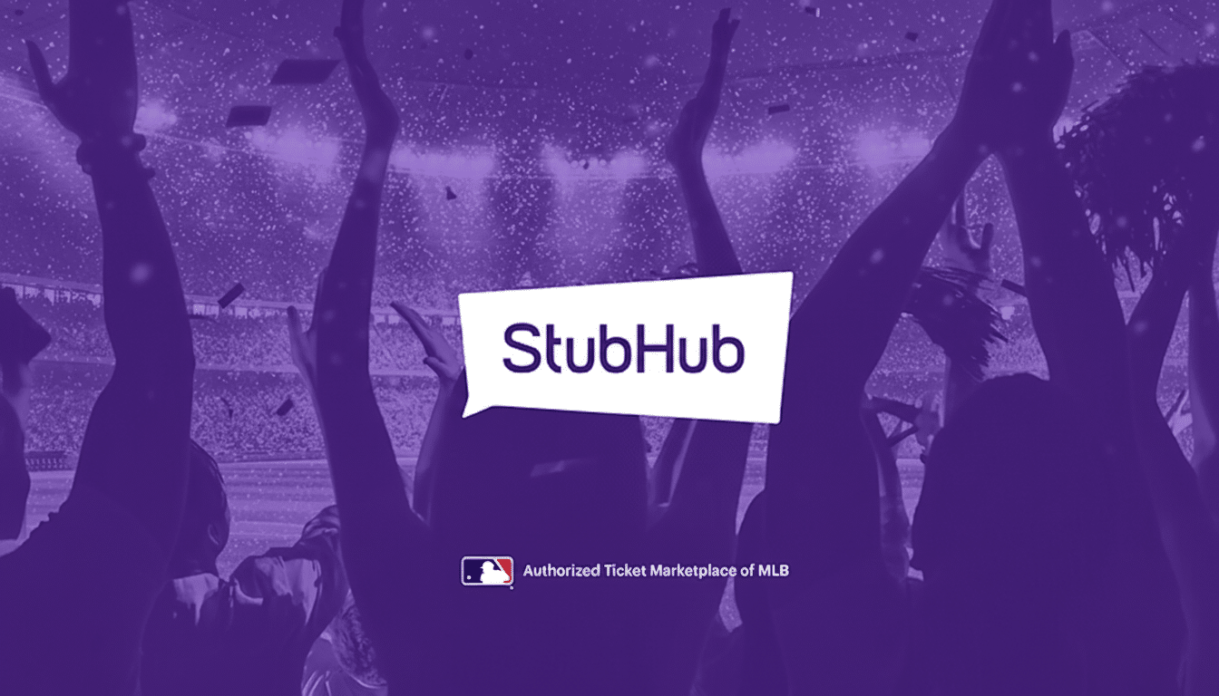 The Stub Hub logo in a white speech bubble centered over a crowd with their hands raised, under a shower of confetti, with the text Authorized Ticket