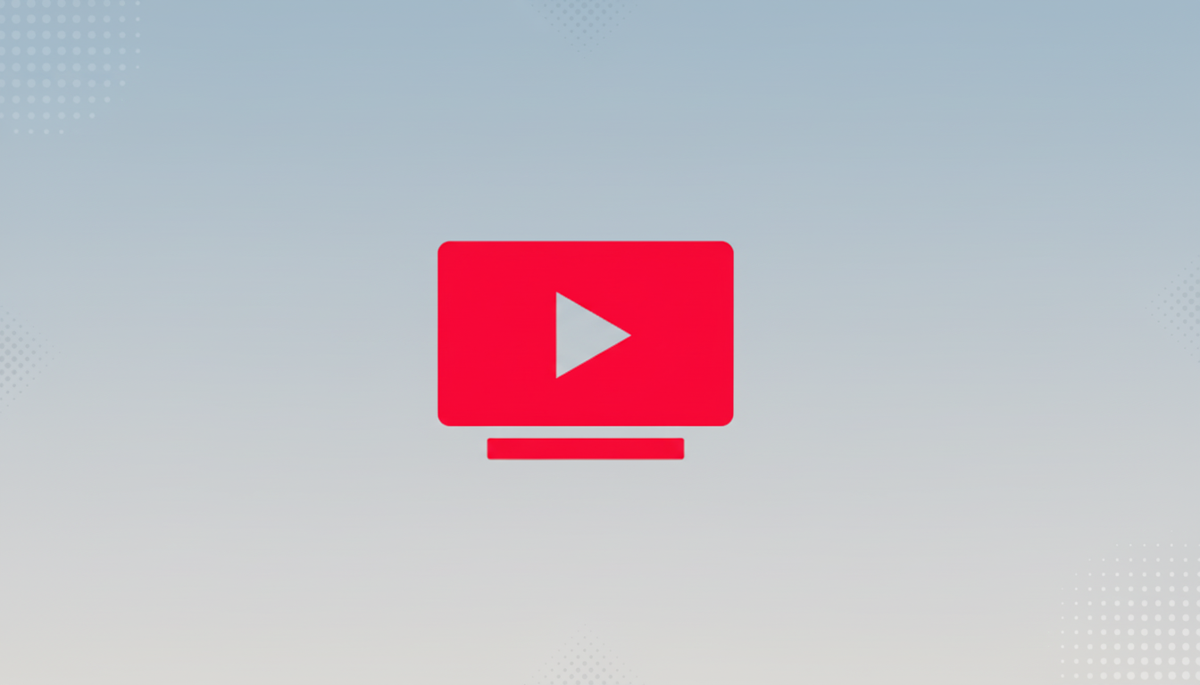 A red YouTube TV icon with a white play button on a professional flat design background with a soft blue-grey gradient and subtle dot patterns in the corners.