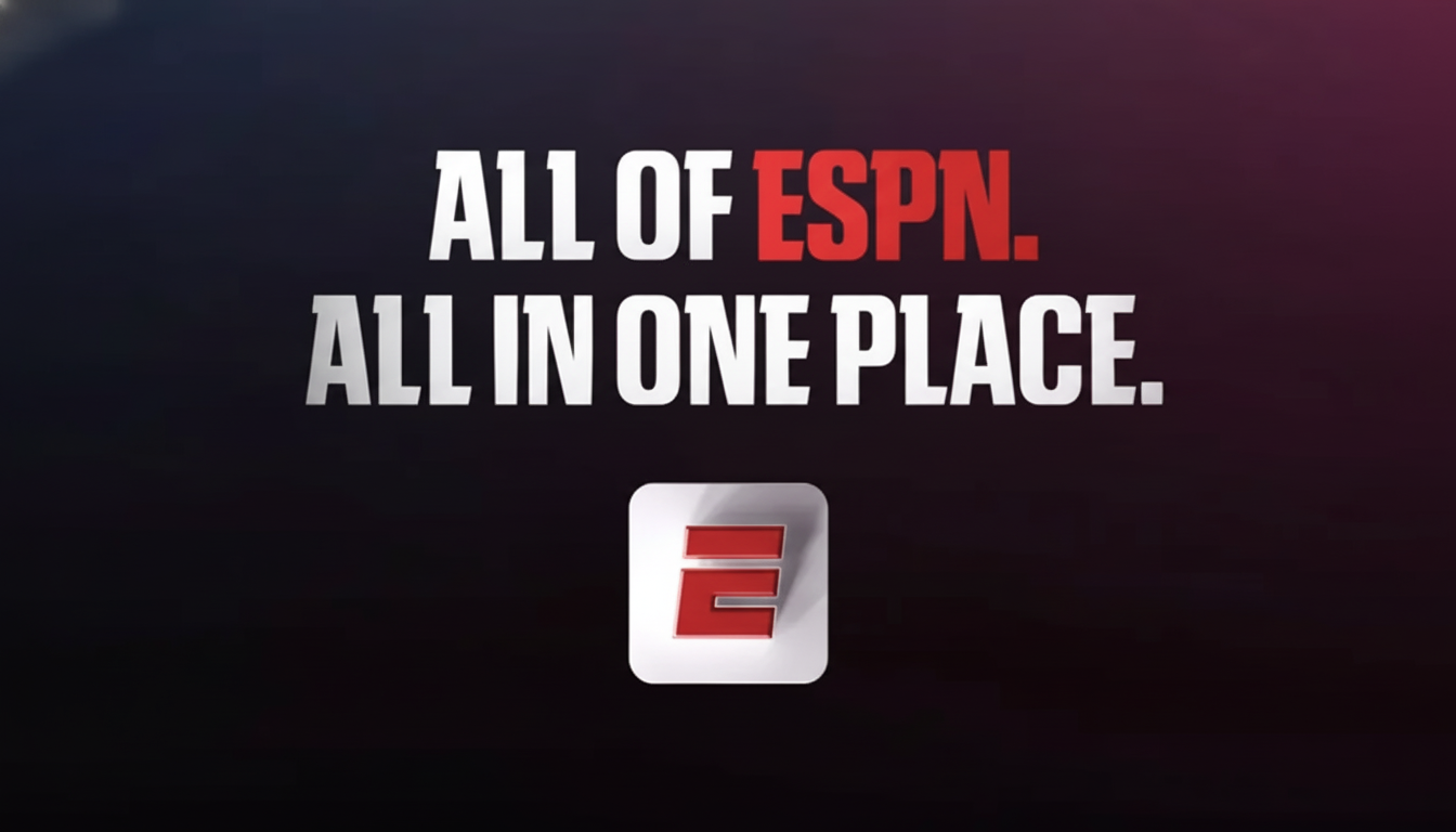 The ESPN logo and text ALL OF ESPN. ALL IN ONE PLACE. on a dark background with red accents, resized to a 16:9 aspect ratio.