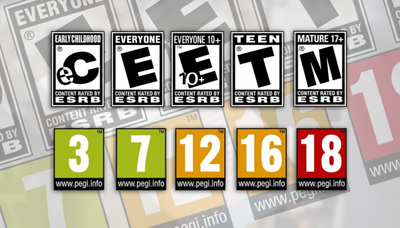 A comparative display of ESRB ( Entertainment Software Rating Board) and PEGI ( Pan European Game Information) video game content rating labels, showi