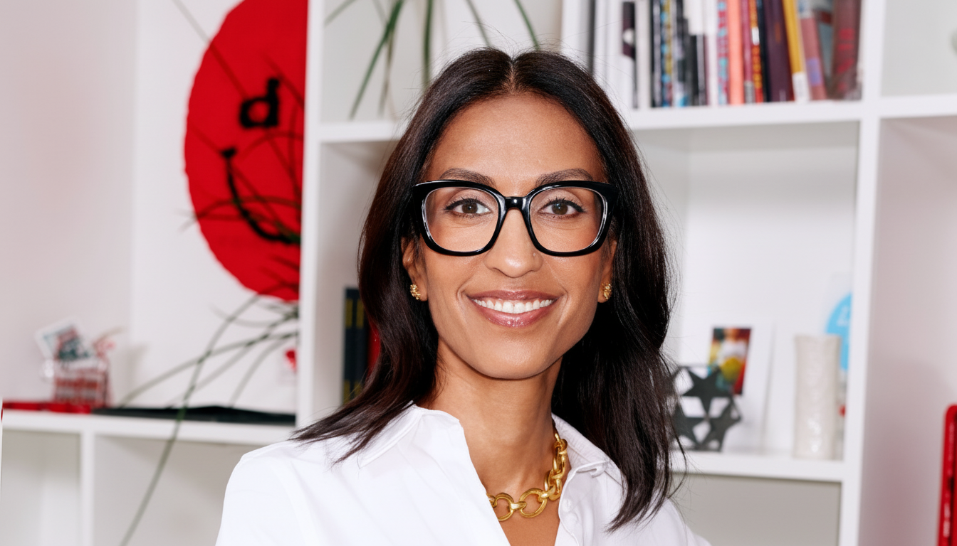 A professional headshot of a woman with dark hair and glasses, smiling in front of a white bookshelf.
