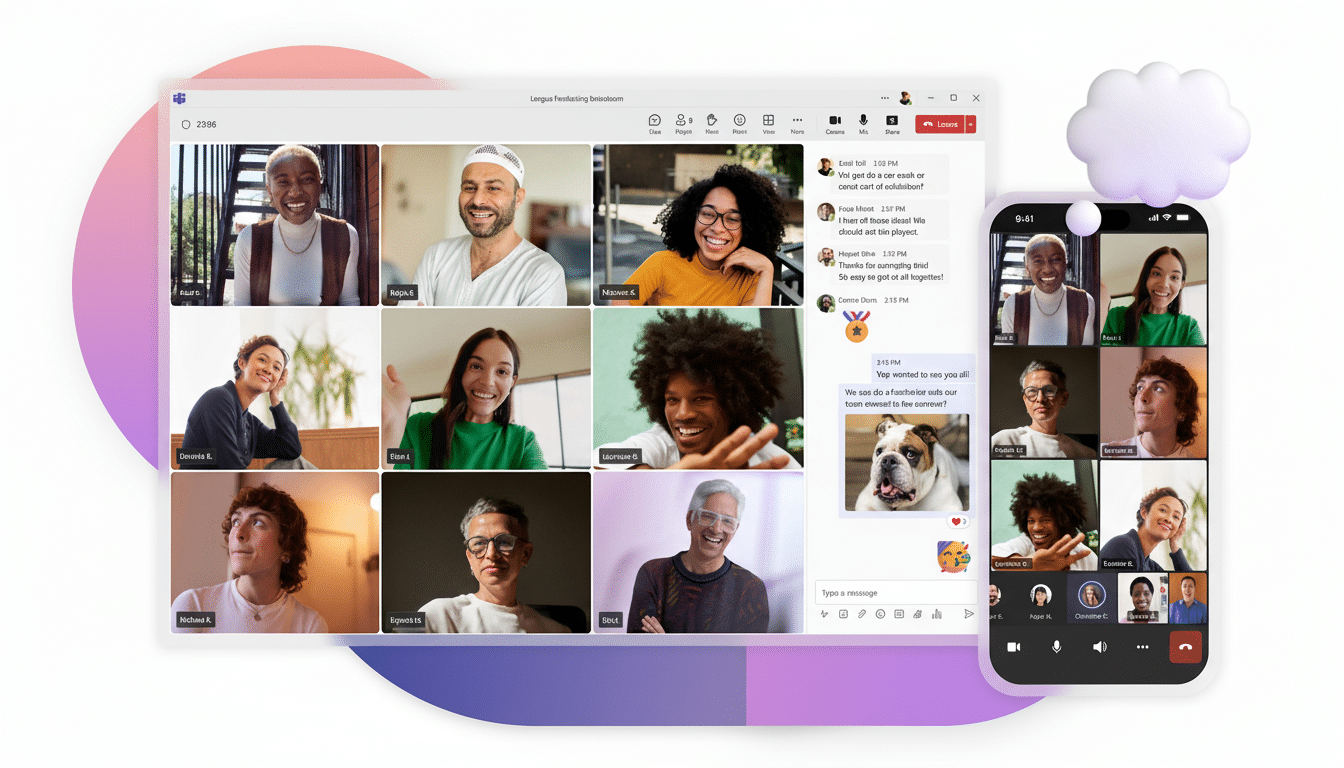 A screenshot of a video conferencing call with multiple participants, displayed on a desktop and mobile device, along with a chat window.