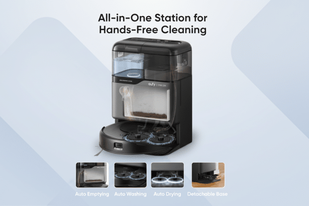 An all -in-one cleaning station for the e ufy O MNI C2 0 robot vacuum , showcasing its auto -emptying, auto- washing, auto- drying, and detachable base features.