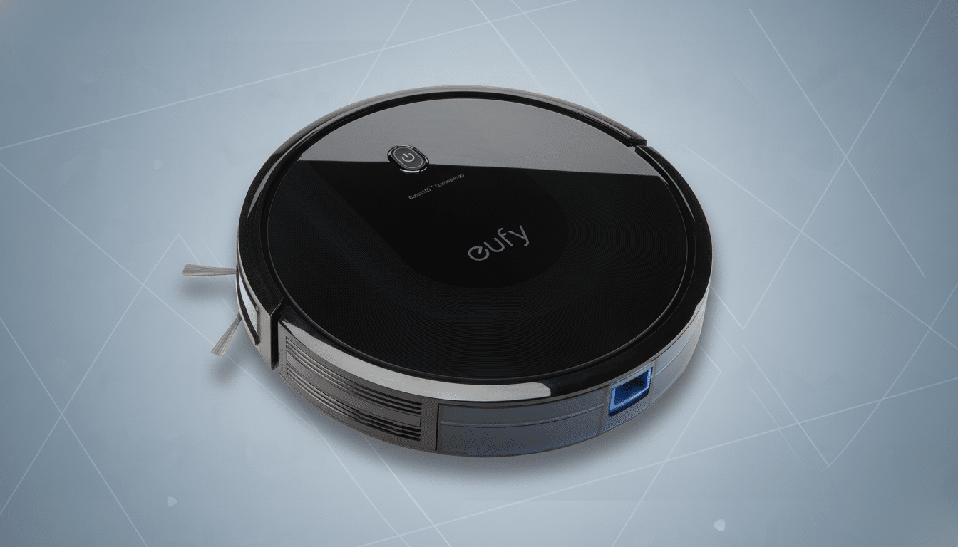 A black circular Eufy robotic vacuum cleaner on a grey background with subtle white geometric patterns .