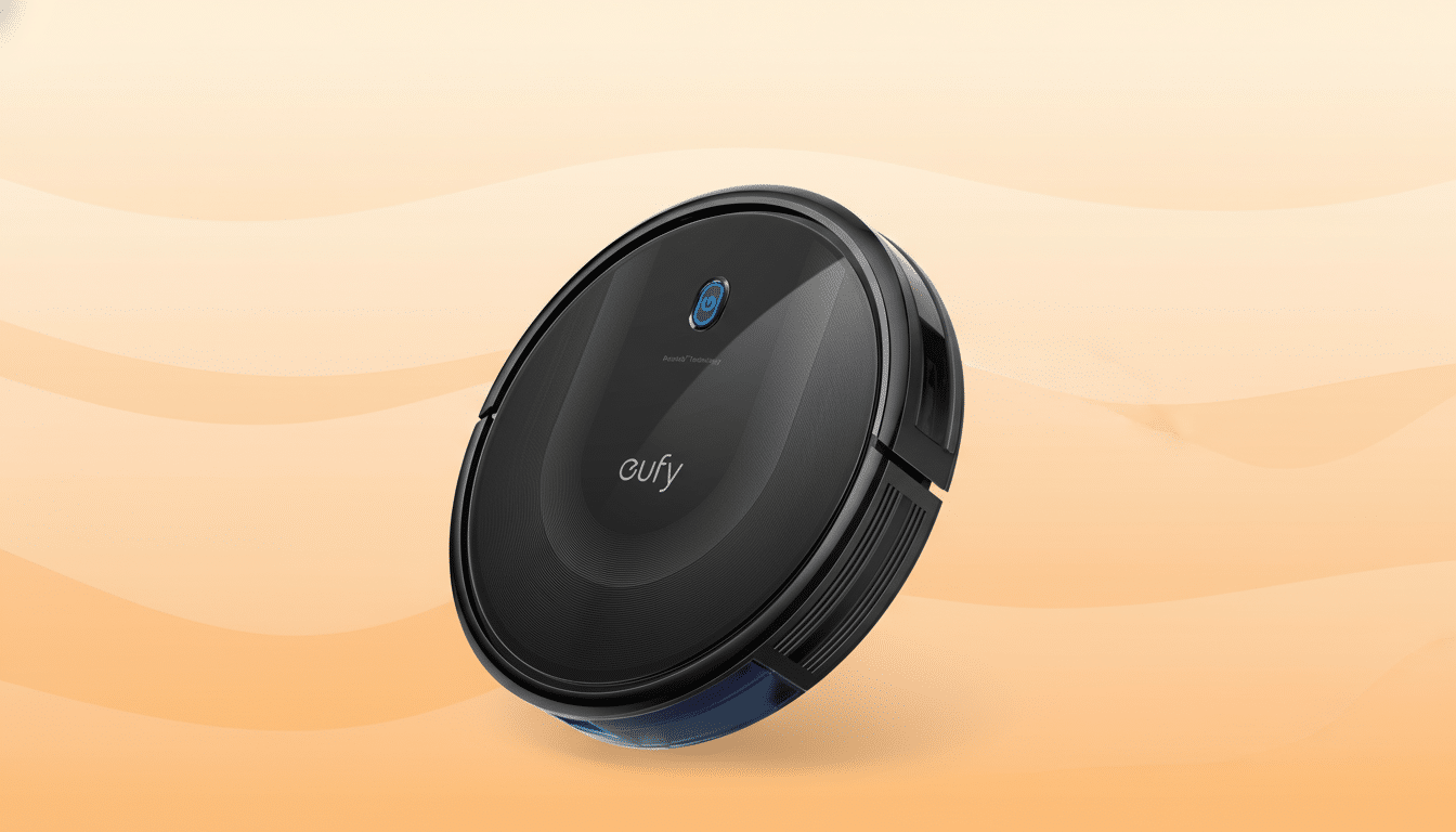 A black Eufy RoboVac on an orange background with a subtle wave pattern. Filename : eufy robovac enhanced .png