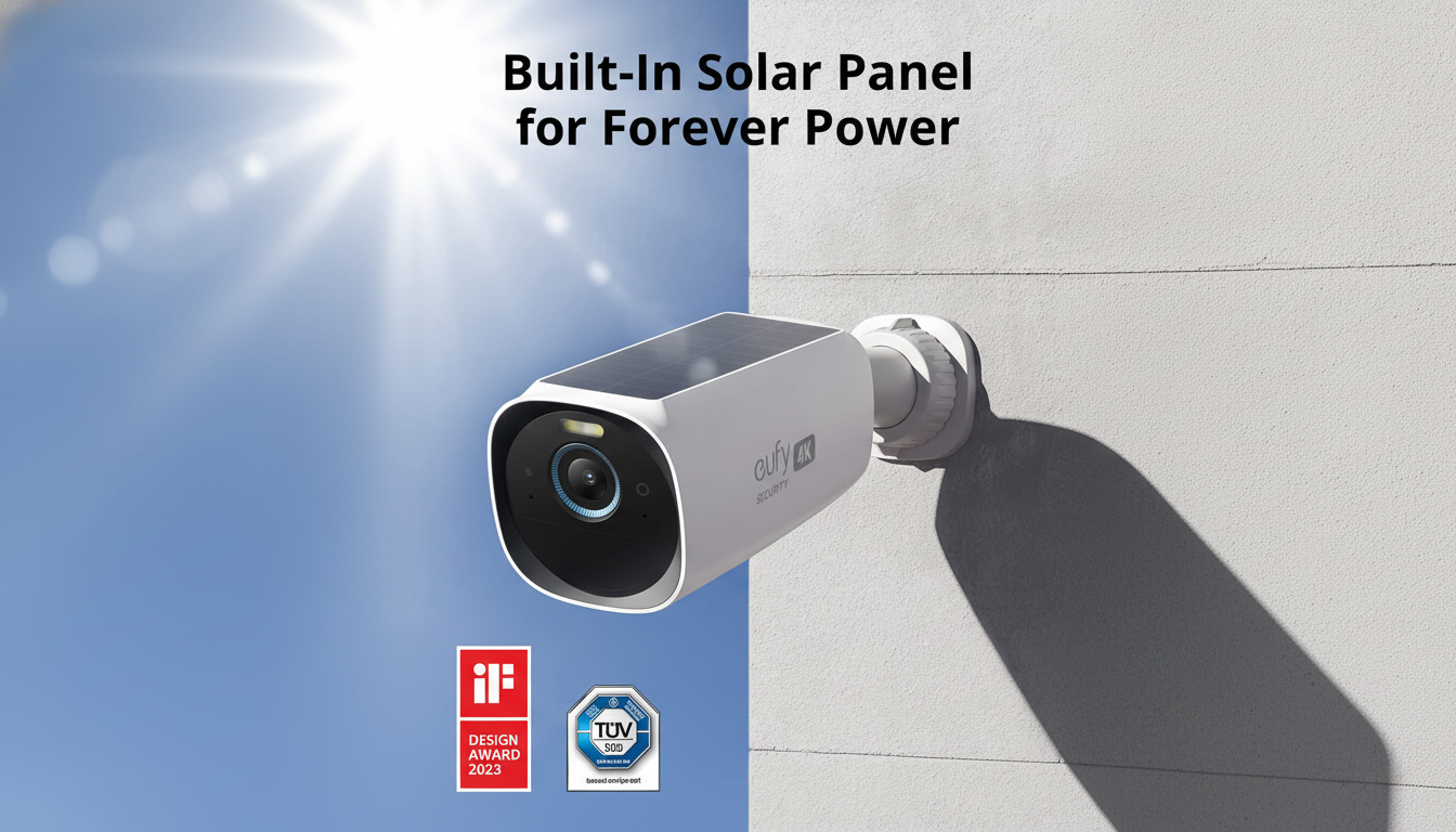 A white security camera with a built-in solar panel is mounted on a light gray wall, with a bright blue sky and sun on the left side of the image. The text Built-In Solar Panel for Forever Power is at the top. Below the camera are two award badges: iF DESIGN AWARD 2023 and TÜV SÜD.