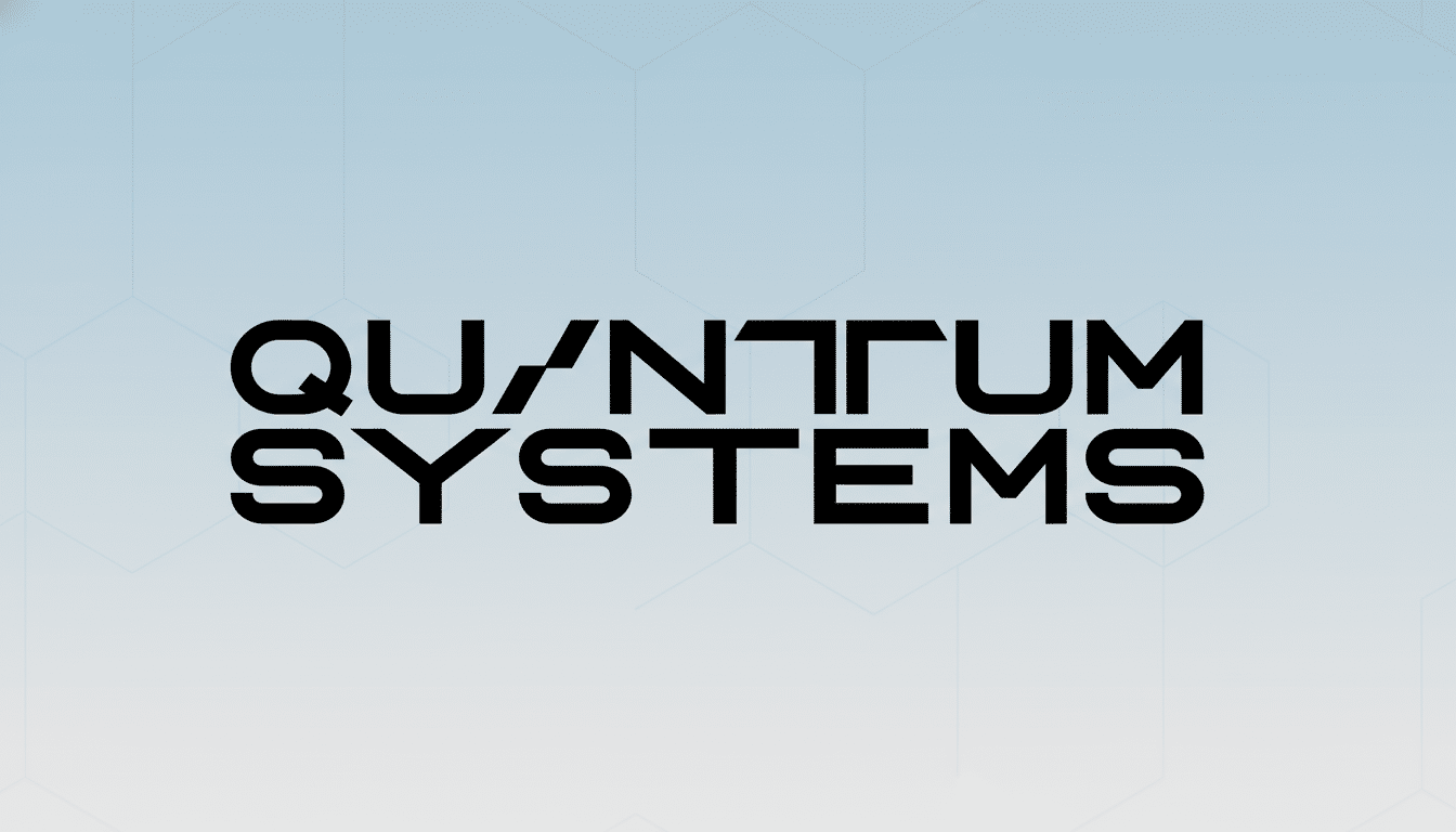 The Quantum Systems logo, featuring stylized black text on a light blue and white gradient background with subtle hexagonal patterns, presented in a 1