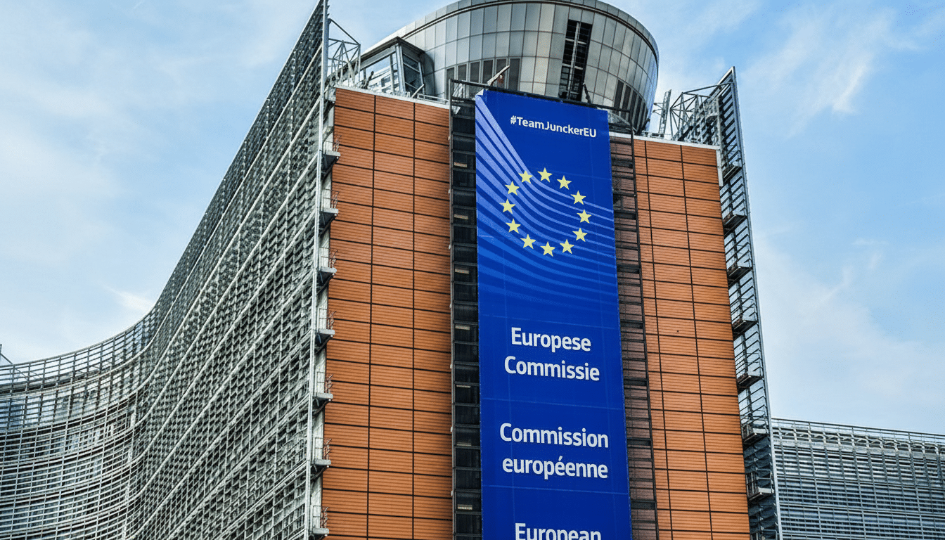 The European Commission building in Brussels, with a large blue banner displaying the European Union flag and the text #TeamJuncker EU, Eu ropese Comm