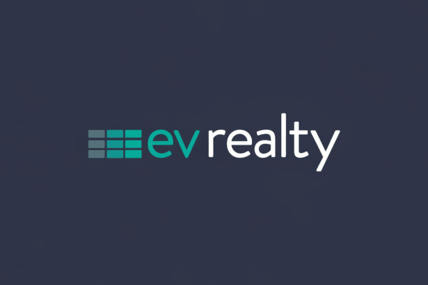 This image features the ev realty logo, presented against a dark blue background. The logo consi