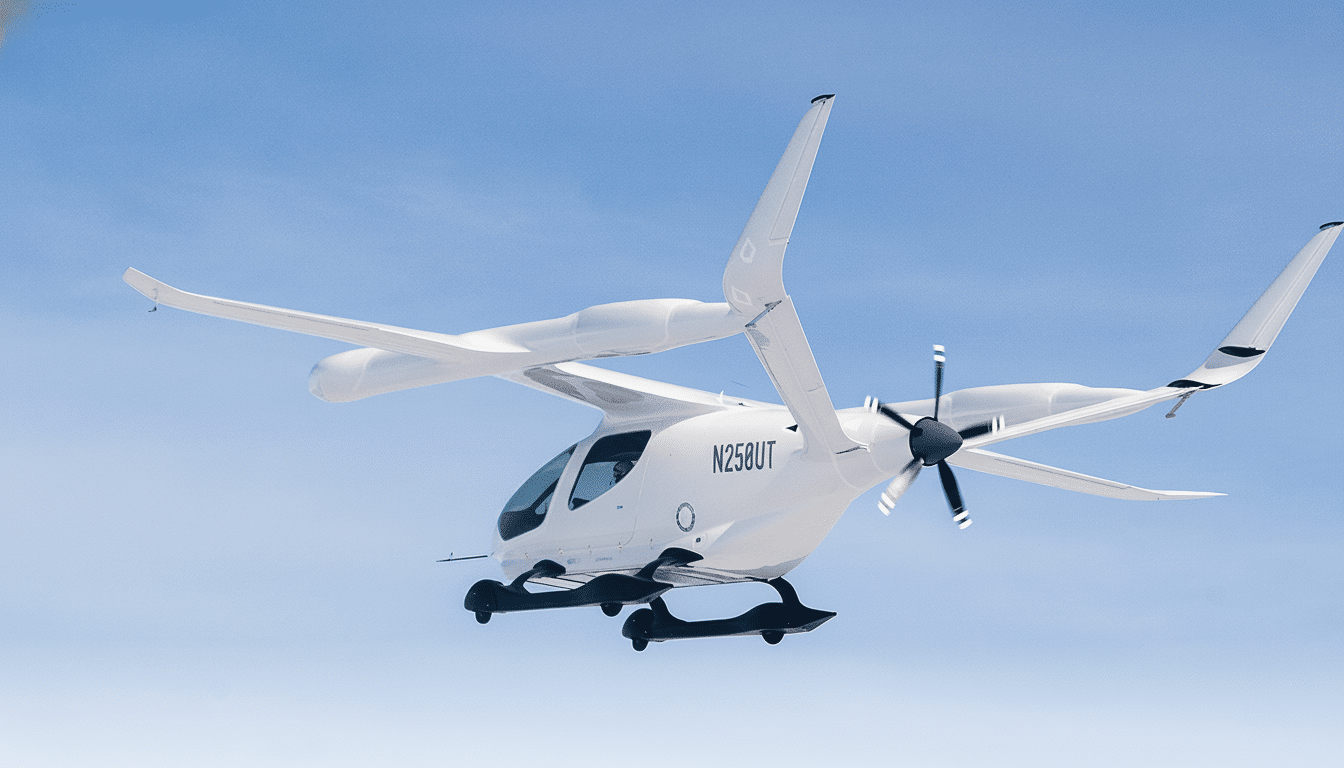 A white electric vertical takeoff and landing (eVT OL) aircraft, with tail number N258 UT, flying against a clear blue sky .