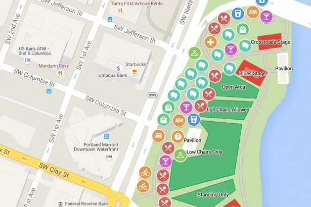 A map showing venues, stages, and facilities with icons and text overlays.