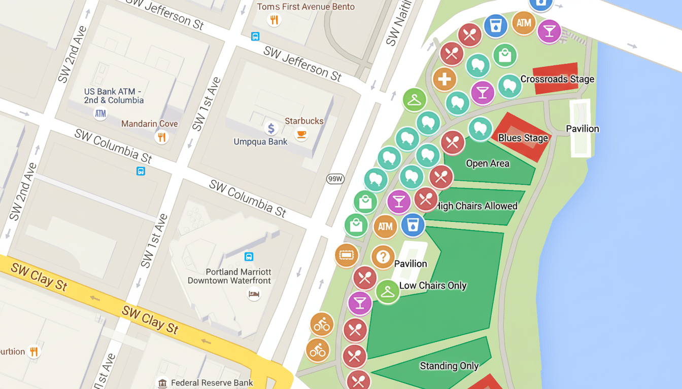 A map showing venues, stages, and facilities with icons and text overlays.