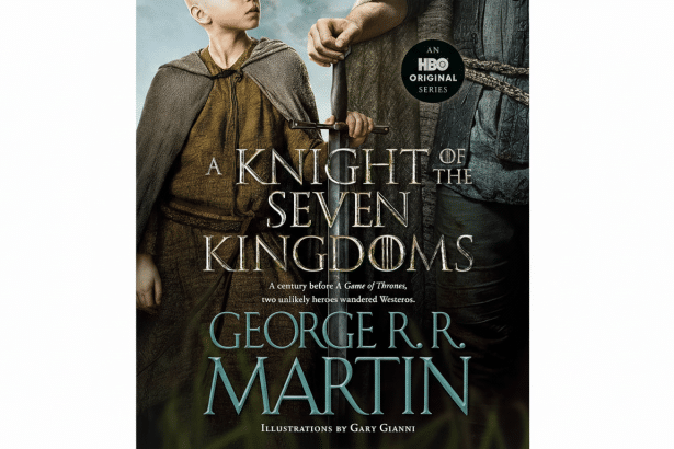 A young boy dressed in a cloak standing next to a person holding a sword, with A Knight of the Seven Kingdoms title and An HBO Original Series logo.