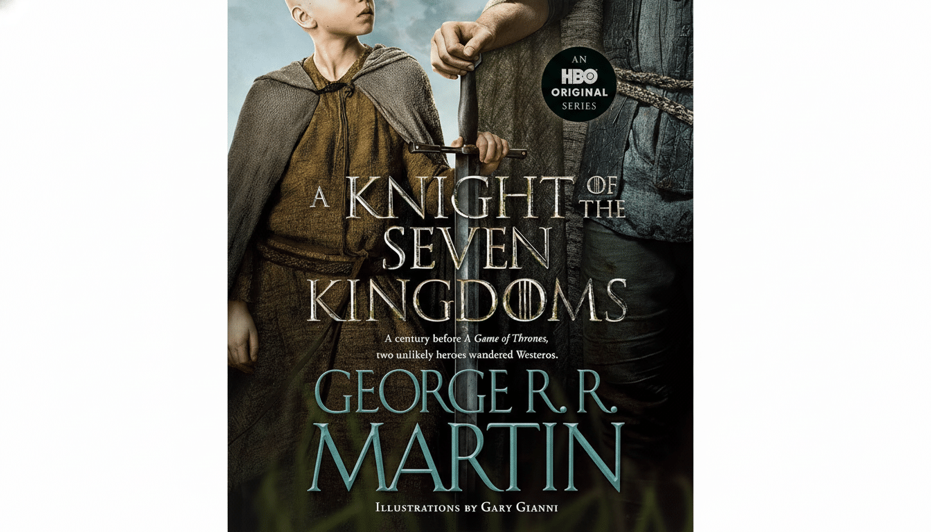 A young boy dressed in a cloak standing next to a person holding a sword, with A Knight of the Seven Kingdoms title and An HBO Original Series logo.