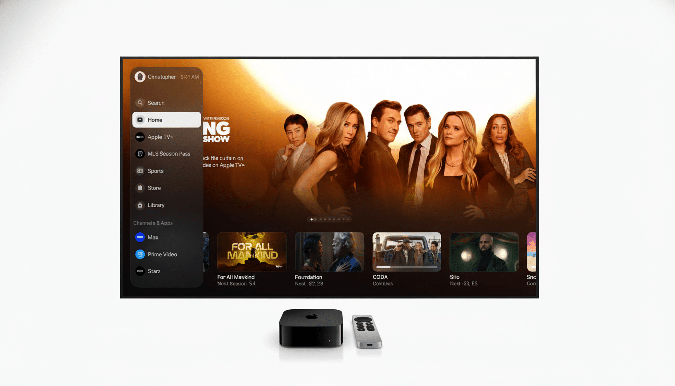 An Apple TV 4K device and remote control sit in front of a television displaying the Apple TV + interface. The screen shows a featured banner for The