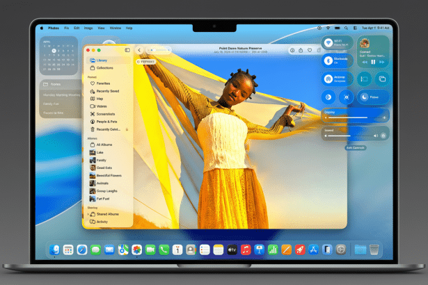 A professional enhancement of an image showing a macOS laptop screen with the Photos app open , displaying a woman holding a large yellow fabric against a blue sky , resized to a 1 6:9 aspect ratio.
