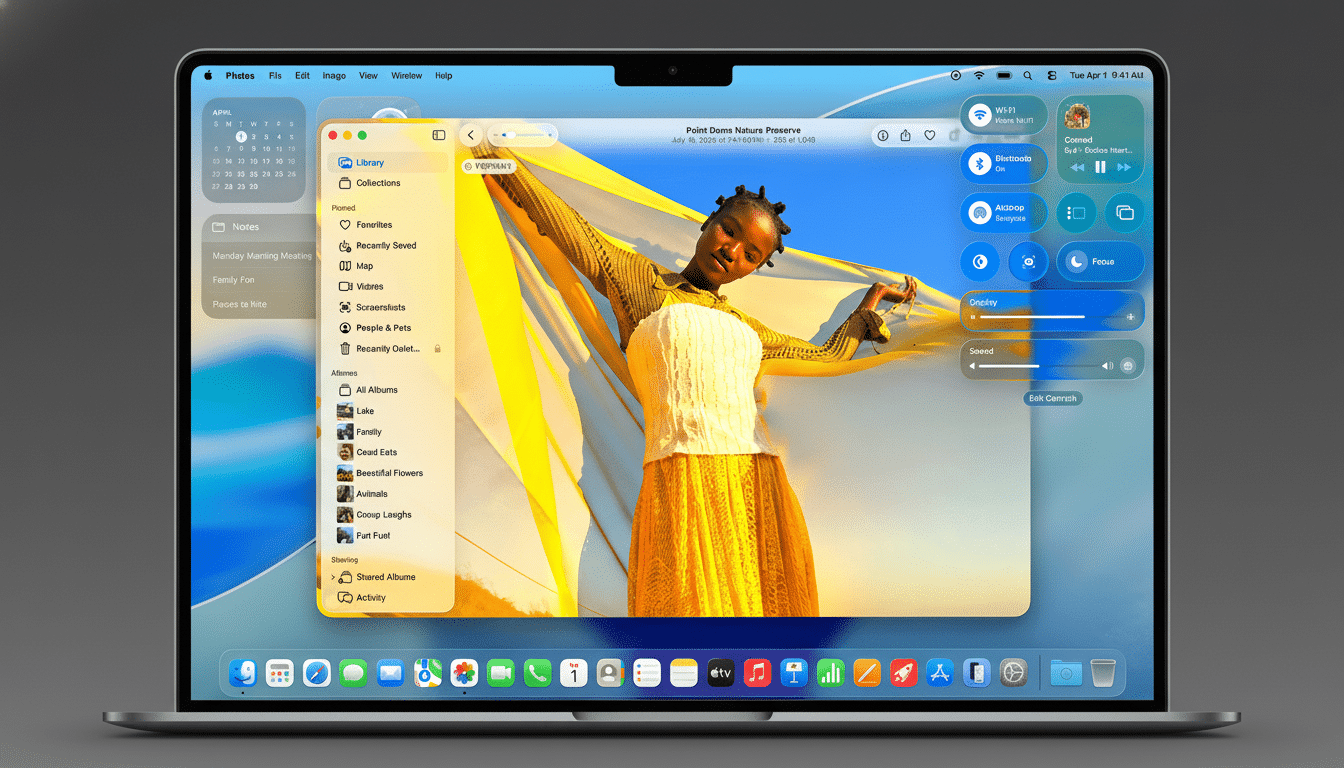 A professional enhancement of an image showing a macOS laptop screen with the Photos app open , displaying a woman holding a large yellow fabric against a blue sky , resized to a 1 6:9 aspect ratio.