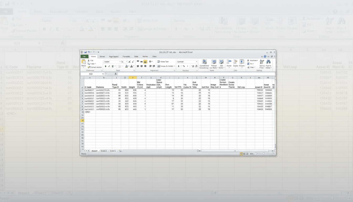 Screenshot of an Excel spreadsheet with data in a table, displaying various columns like Filename, Width, Height, and Asset ID.