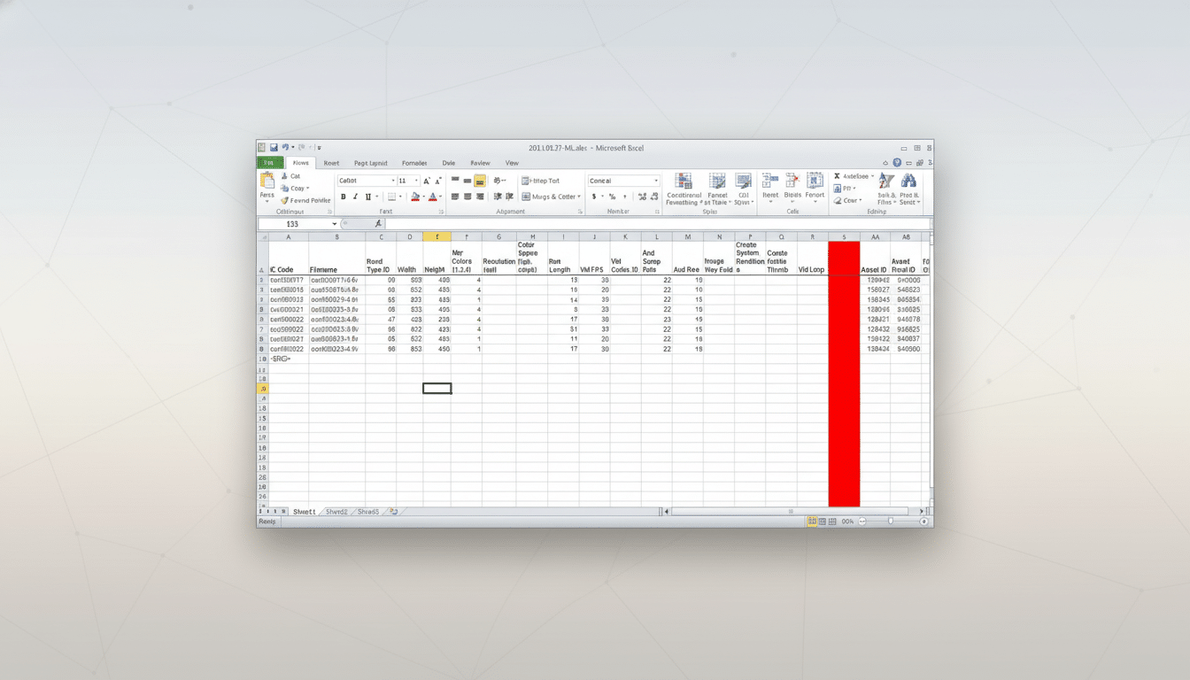 Screenshot of an Excel spreadsheet with data columns related to video assets, presented in a professional 16:9 aspect ratio with a subtle background gradient .