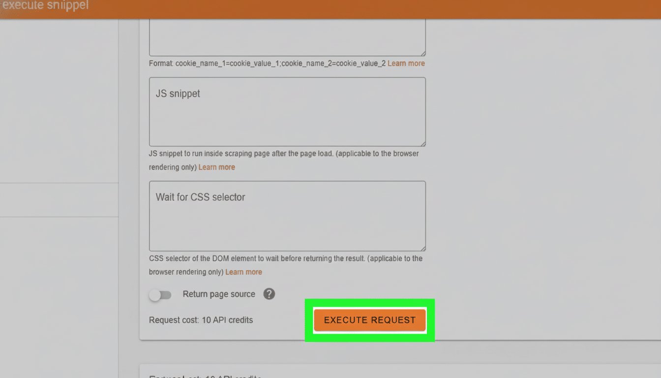 A screenshot showing a web interface with input fields for JS snippet and Wait for CSS selector , and an EXEC UTE REQUEST button highlighted in green, indicating a user interaction point .