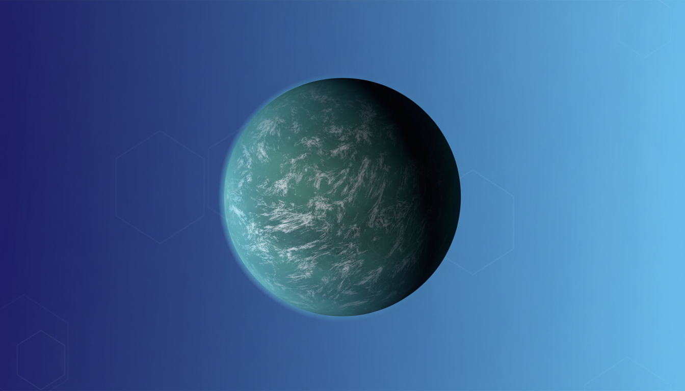An ex oplanet with a teal and green surface, professionally presented against a blue gradient background with subtle hexagonal patterns, resized to a 1 6:9 aspect ratio. Filename : exoplanet professionalpresentation .png
