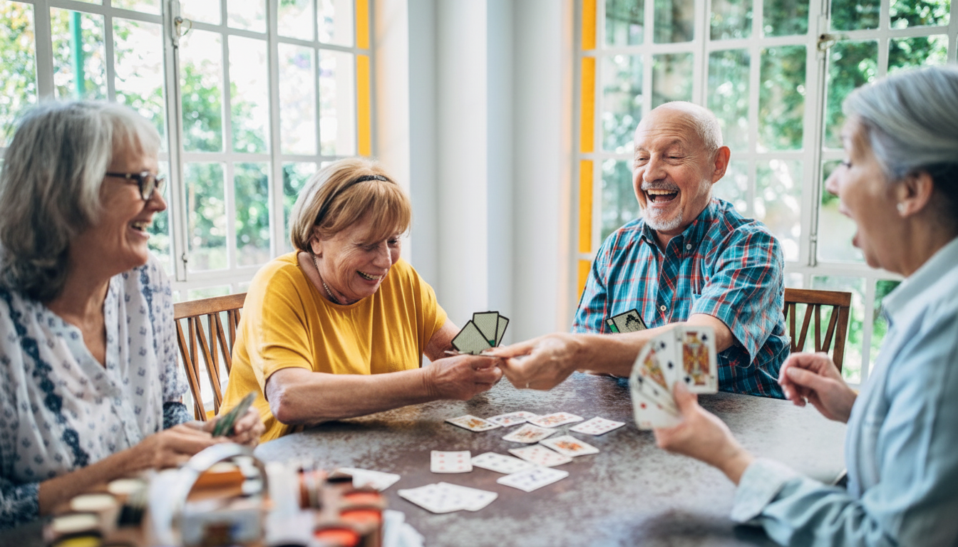 Four elderly people laughing and playing cards at a table.