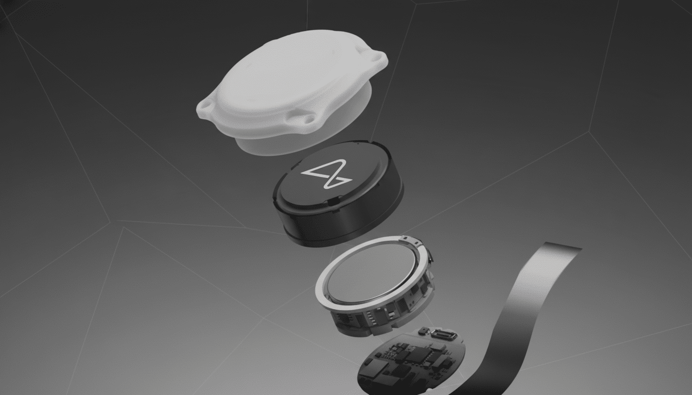 An exploded view of a small, round electronic device, showing its components including a white top cover, a black body with a white stylized A logo, an internal metallic disc, and a circuit board, all arranged against a professional grey background with subtle geometric patterns. Filename : explodedview electronic device.png