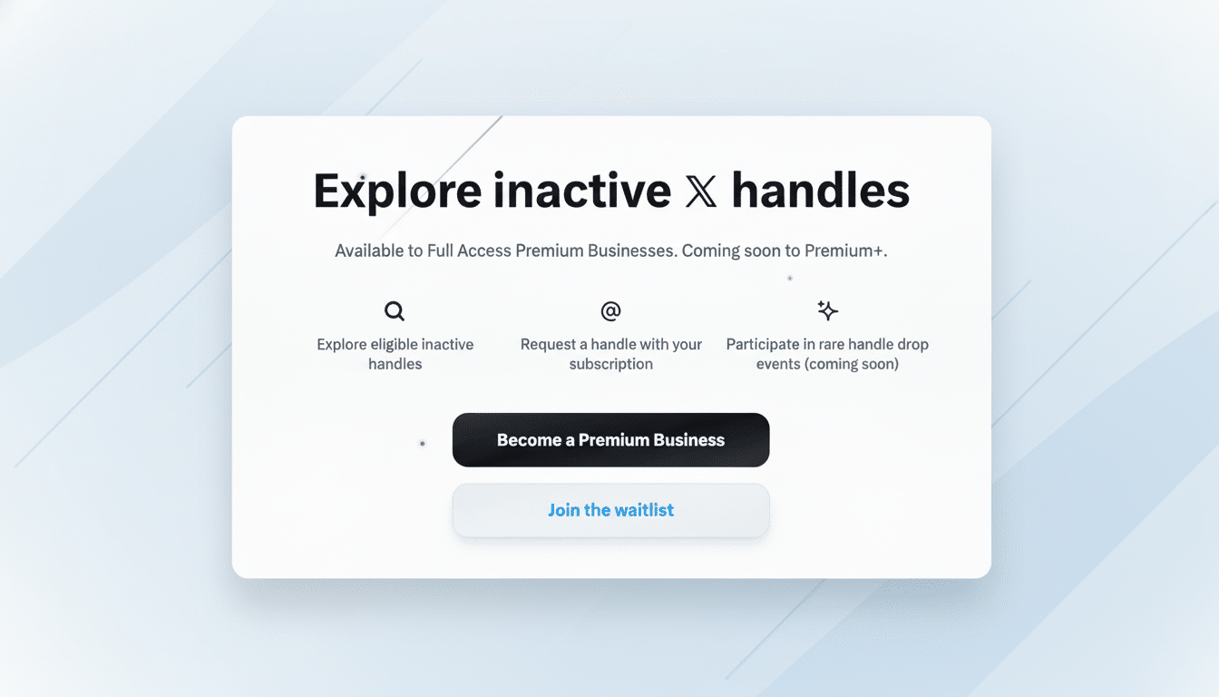 Screenshot of a web page titled Explore inactive X handles with options to explore eligible handles, request a handle with a subscription, and participate in handle drop events, along with buttons to Become a Premium Business and Join the waitlist. The background features a subtle, professional gradient. Filename : explore inactivex handles.png