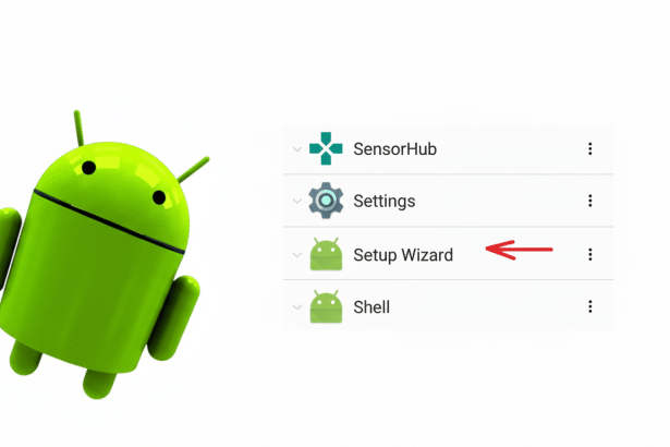 Android Setup Wizard menu option with an arrow pointing to it.