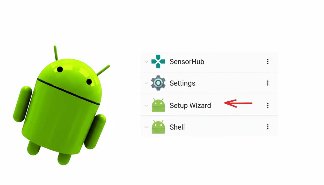 Android Setup Wizard menu option with an arrow pointing to it.