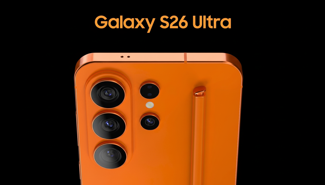 A close-up, professional shot of an orange Galaxy S26 Ultra smartphone, showcasing its camera array and stylus, set against a black background.