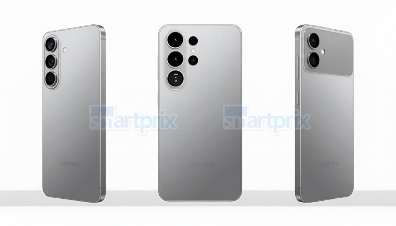 Three views of a silver Samsung smartphone, showcasing its back and sides with multiple camera lenses, presented on a clean white background.