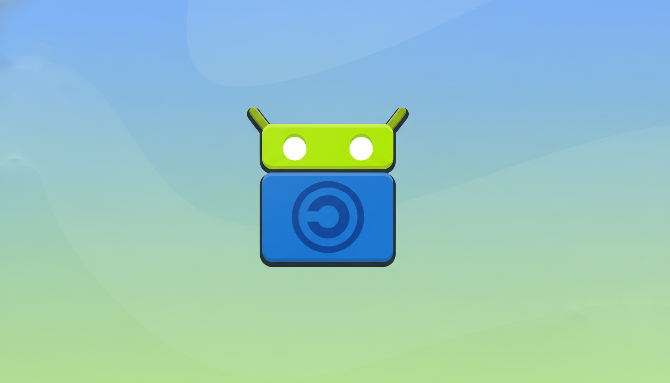 A green and blue Android-like robot icon with a copyright symbol on its body, set against a professional flat design background with soft blue and green gradients and subtle wave patterns.
