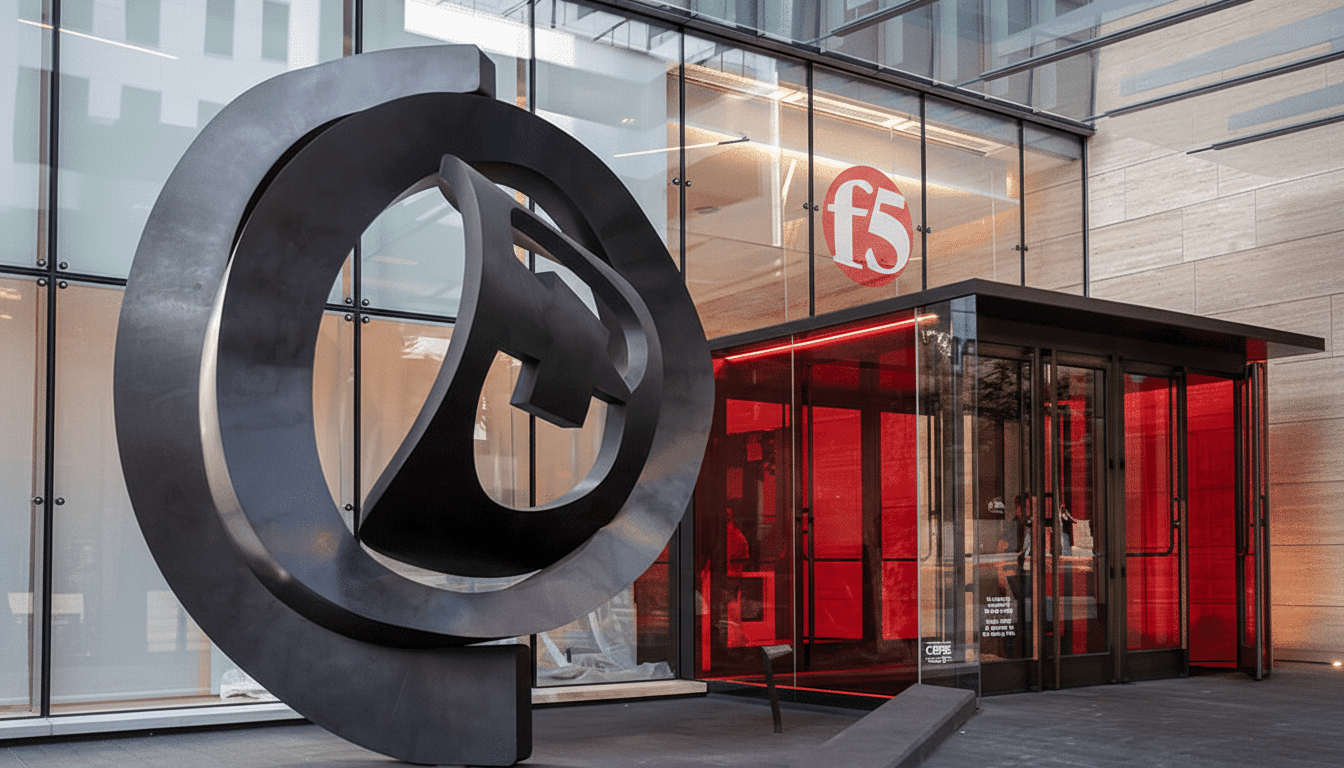 The F5 logo sculpture stands prominently in front of the modern F5 office building entrance , which features red-lit glass doors.