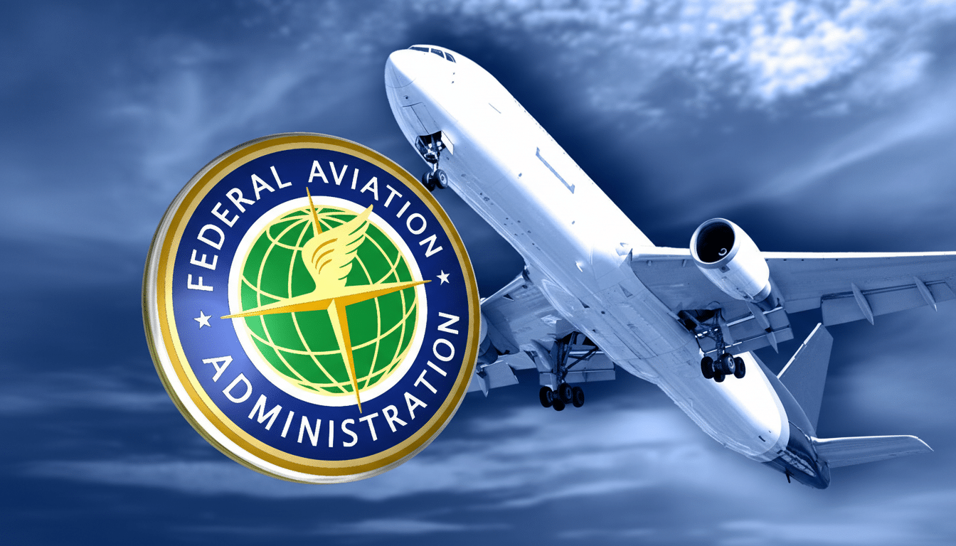 The Federal Aviation Administration ( FAA) logo overlaid on a background of a commercial airplane flying against a cloudy blue sky, resized to a 1 6: