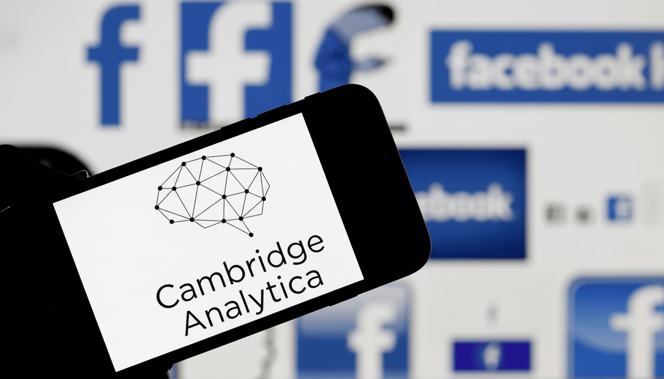 The Cambridge Analytica logo is displayed on a smartphone screen, with blurred Facebook logos in the
