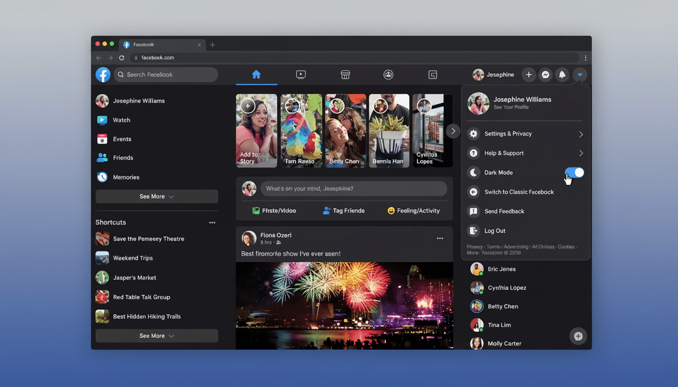 A screenshot of the Facebook desktop interface in dark mode, showing the home feed with various posts and the settings menu open on the right, highlig