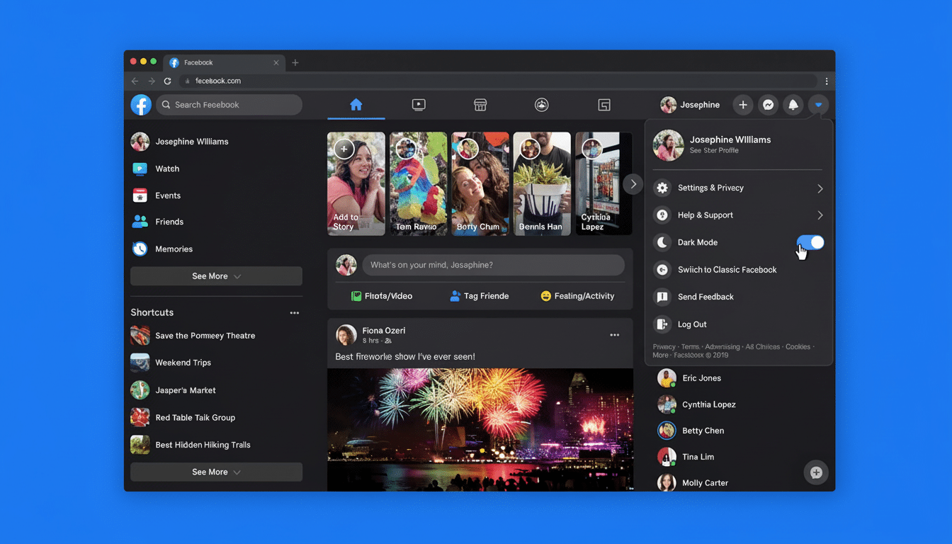 A professional screenshot of the Facebook website in dark mode, showing the ' Dark Mode' toggle switch enabled in the settings menu.