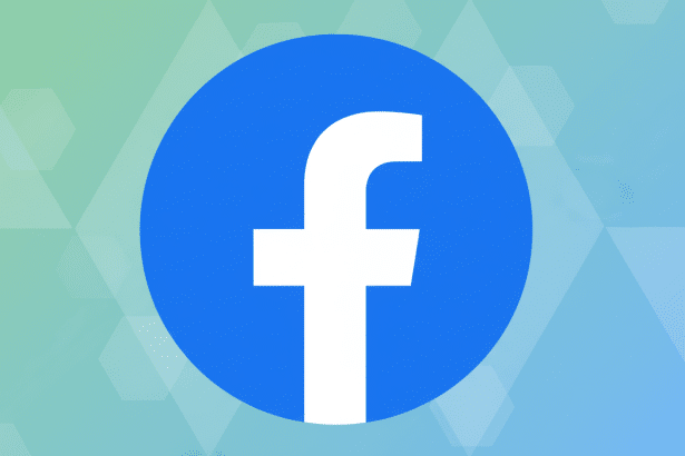 The Facebook ' f' logo in white on a blue circle , set against a professional flat design background with soft green and blue gradients and subtle hexagonal patterns.