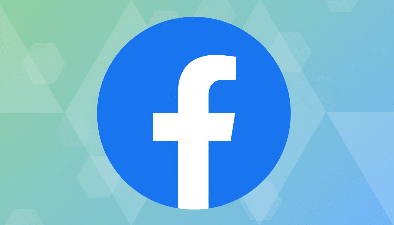 The Facebook ' f' logo in white on a blue circle , set against a professional flat design background with soft green and blue gradients and subtle hexagonal patterns.