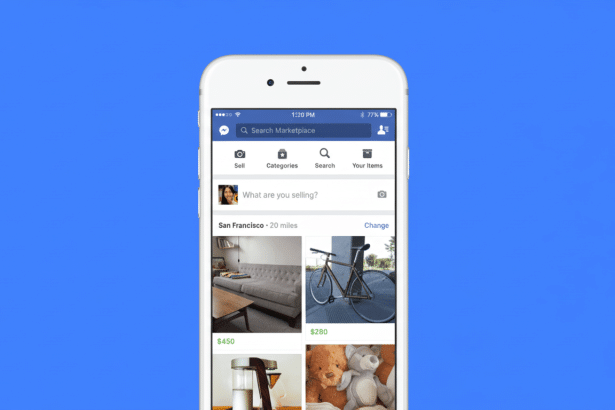 A white iPhone displaying the Facebook Marketplace interface , showcasing various items for sale.