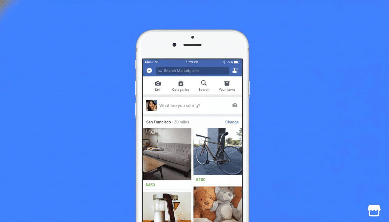 A white iPhone displaying the Facebook Marketplace interface , showcasing various items for sale.