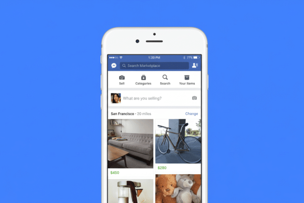 A white iPhone displaying the Facebook Marketplace interface , showcasing various items for sale.